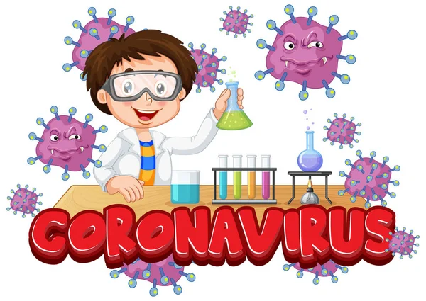 Coronavirus Poster Tasarımı Laboratuvar Resimlerinde Çalışan Bir Çocuk — Stok Vektör
