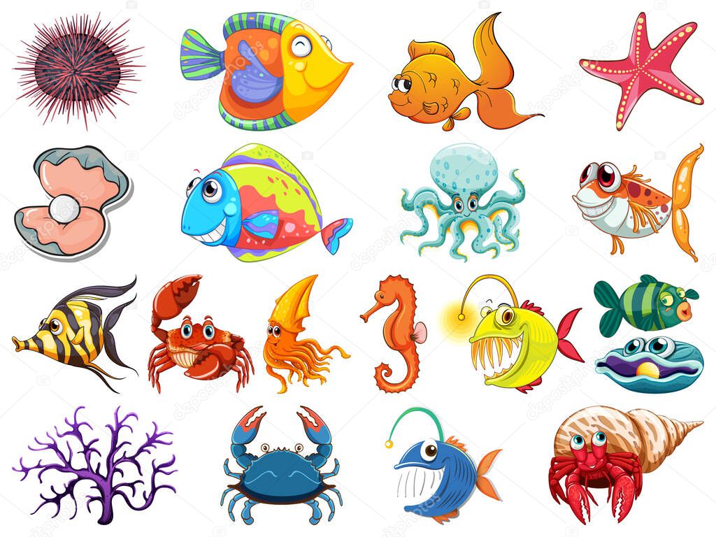 Large set of sea creatures on white background illustration