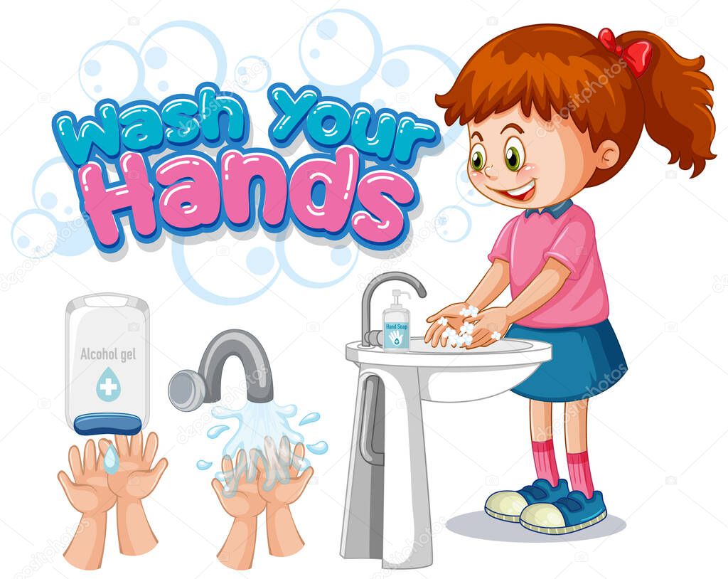 Wash your hands poster design with girl washing hands illustration