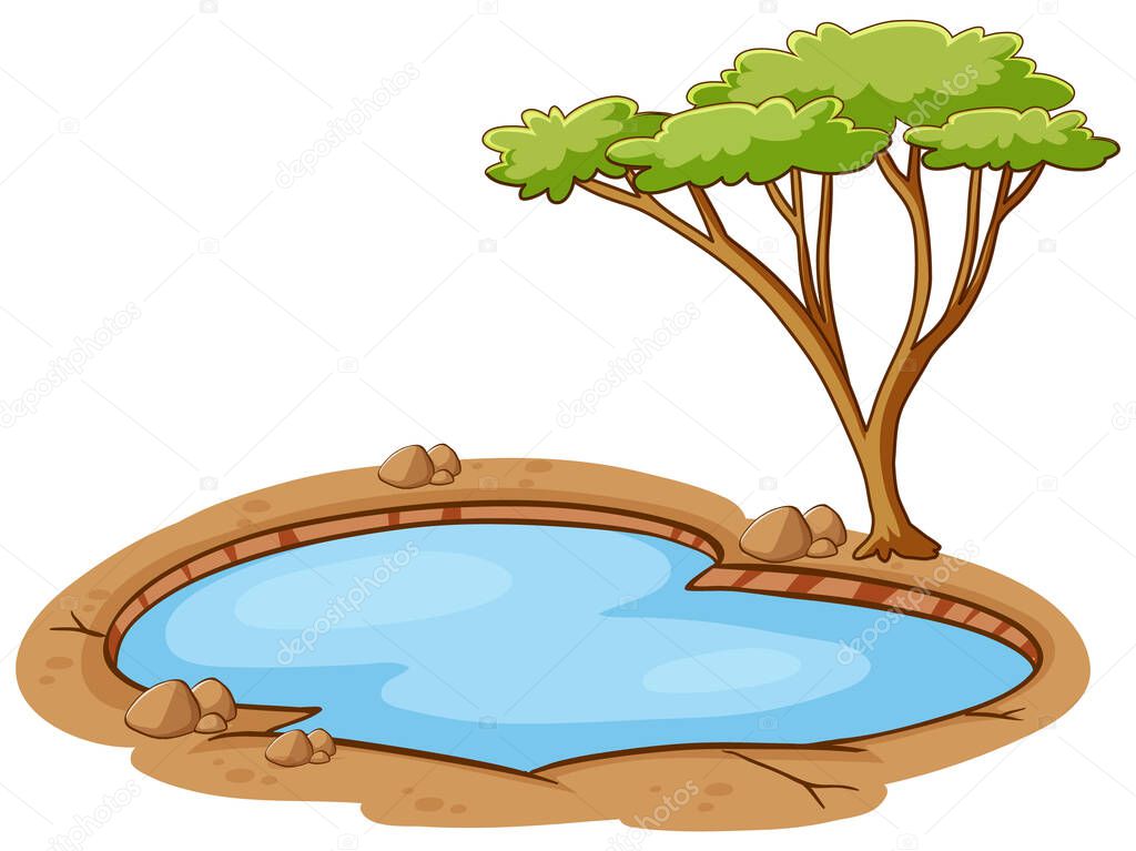 Scene with green tree and small pond illustration