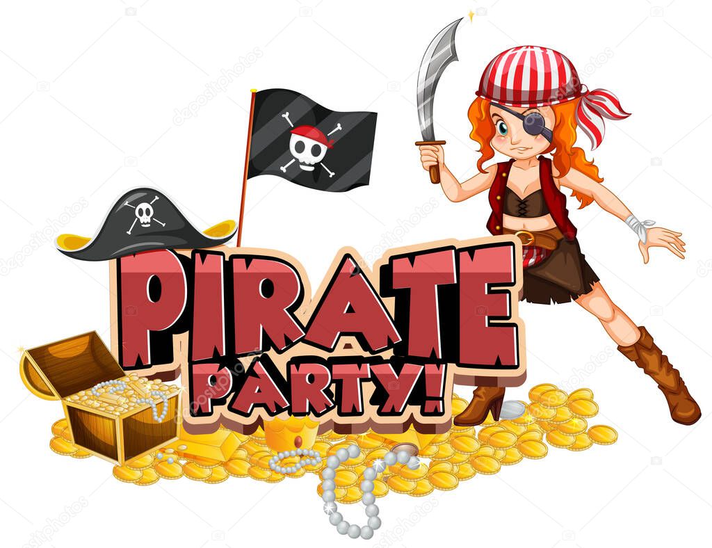 Font design for word pirate party with pirate and treasure illustration