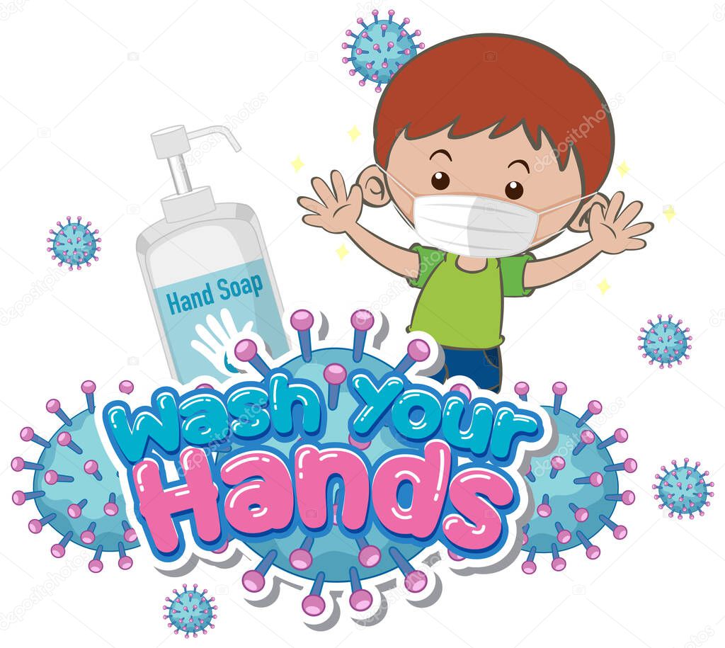 Wash your hands poster design with boy wearing mask illustration