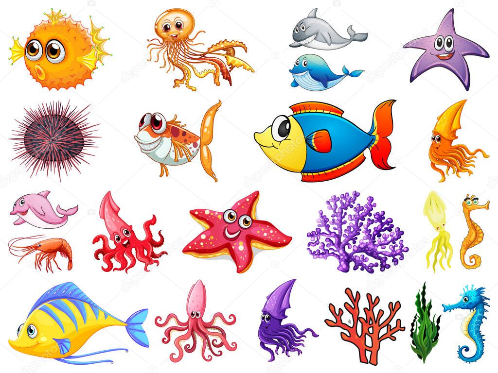 Large set of sea creatures on white background illustration