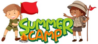 İzci üniformalı çocuklarla yaz kampı için yazı tipi tasarımı.