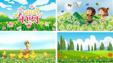 Nature scene backgrounds with kids and animals in the park illustration