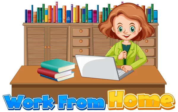 Font Design Work Home Woman Working Computer Illustration — Stock Vector
