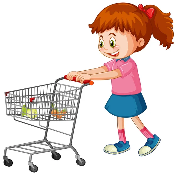 Mädchen Schiebt Einkaufswagen Mit Lebensmitteln — Stockvektor