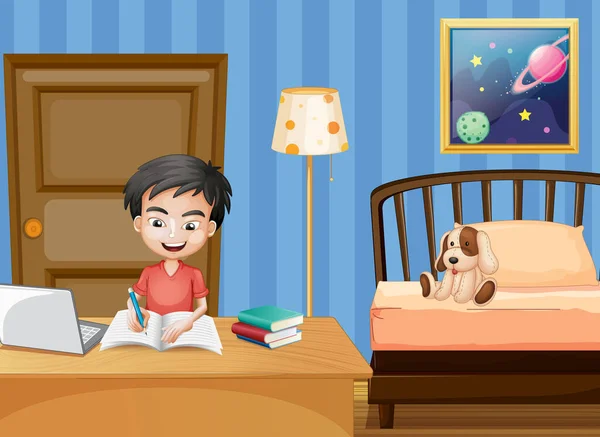 Yatak Odası Illüstrasyonunda Yazan Bir Çocuk Sahnesi — Stok Vektör