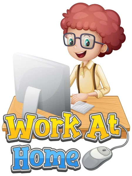 Font Design Work Home Boy Working Computer Illustration — Stock Vector