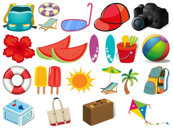 Large Set Different Summer Objects White Background Illustration — Stock Vector