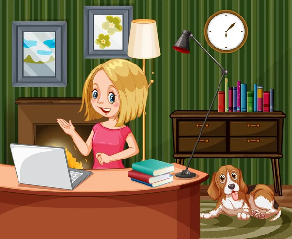 Scena Kobietą Pracującą Komputerze Domu Ilustracja — Wektor stockowy