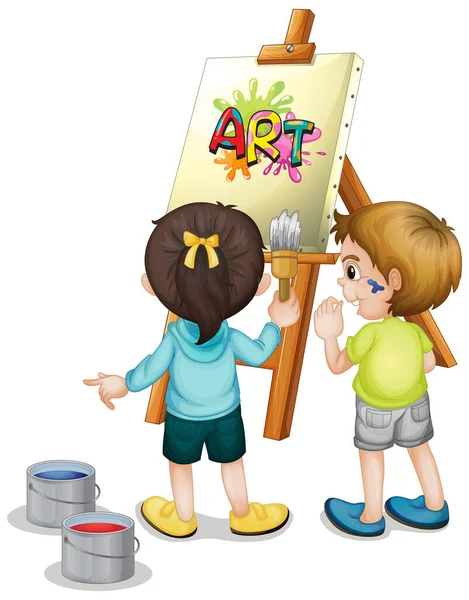 Dos Niños Pintando Sobre Lienzo Sobre Fondo Blanco Ilustración — Vector de stock