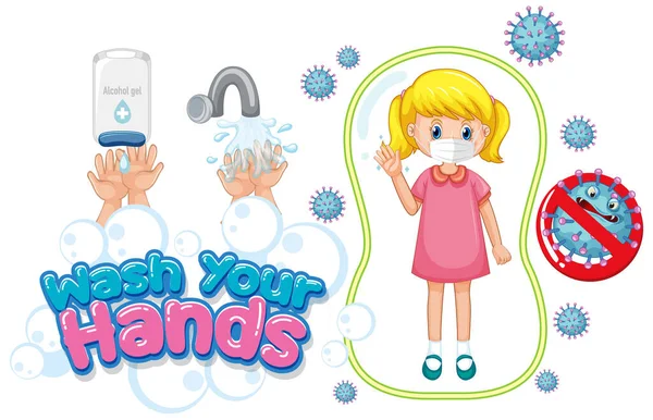 Tvätta Händerna Affisch Design Med Flicka Bär Mask Illustration — Stock vektor