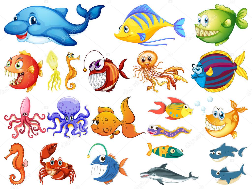 Large set of many sea creatures on white background illustration
