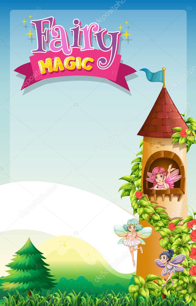 Font design for word fairy magic with fairies flying in the tower illustration