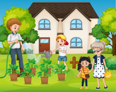 Evde güzel vakit geçiren bir aile sahnesi.