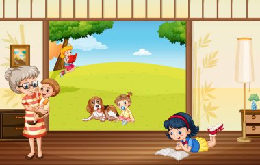 Evde resimde rahatlayan insanların olduğu bir sahne