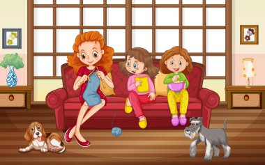 Anne ve çocuklar evde kalıp resimlerini çiziyorlar.