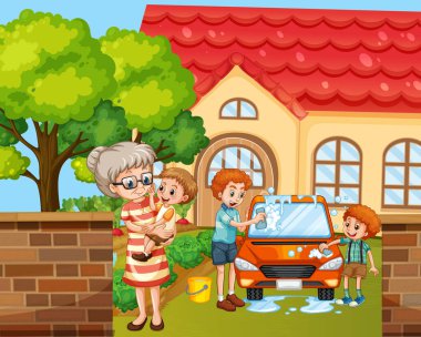 Evde güzel vakit geçiren bir aile sahnesi.