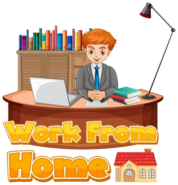 Font Design Work Home Man Working Desk Illustration — Stock Vector