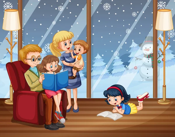 Щаслива Родина Залишається Вдома Під Час Зимової Ілюстрації — стоковий вектор