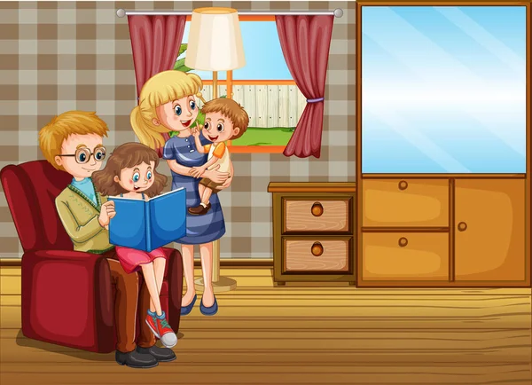 Σκηνή Την Οικογένεια Έχοντας Μια Καλή Στιγμή Στο Σπίτι Εικονογράφηση — Διανυσματικό Αρχείο