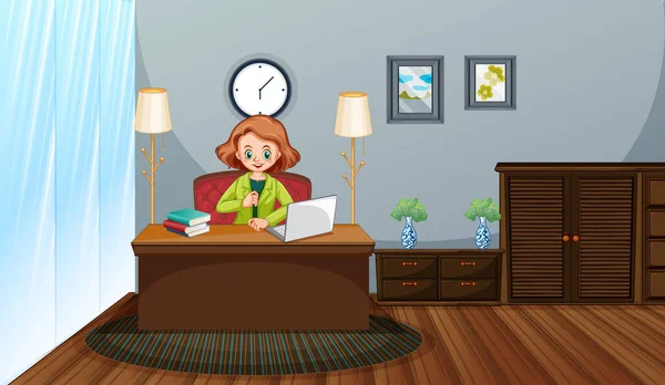 Escena Con Una Mujer Trabajando Casa Ilustración Computadora — Vector de stock