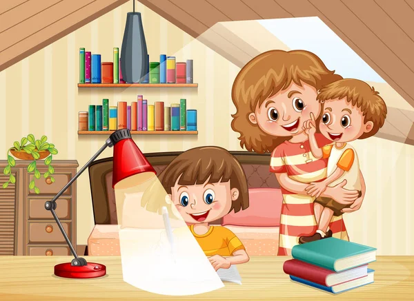 Szene Mit Familie Hause Bleiben Und Mädchen Hausaufgaben Machen Illustration — Stockvektor