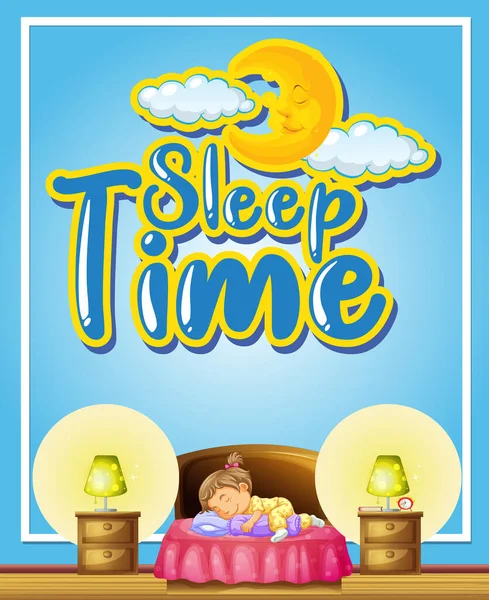 Poster Tasarımı Kelime Uyku Zamanı Kız Yatak Odası Resimlerinde Uyuyor — Stok Vektör
