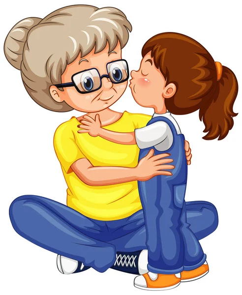 Niña Besando Abuela Sobre Fondo Blanco Ilustración — Vector de stock