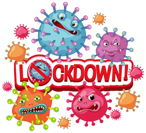 単語のロックダウンと多くのウイルス細胞イラスト付きコロナウイルスポスター — ストックベクタ