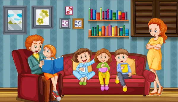 客厅里的快乐家庭插图 — 图库矢量图片