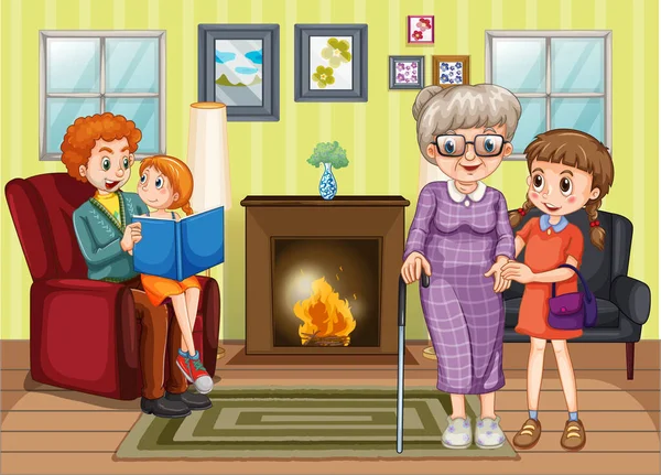 Σκηνή Την Οικογένεια Έχοντας Μια Καλή Στιγμή Στο Σπίτι Εικονογράφηση — Διανυσματικό Αρχείο