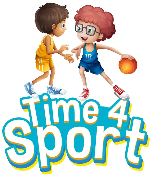 Font Design Word Time Sport Two Boys Playing Basketball Illustration — Stock Vector