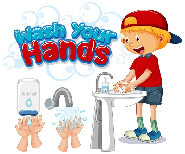 Lave Suas Mãos Design Cartaz Com Ilustração Menino Feliz — Vetor de Stock