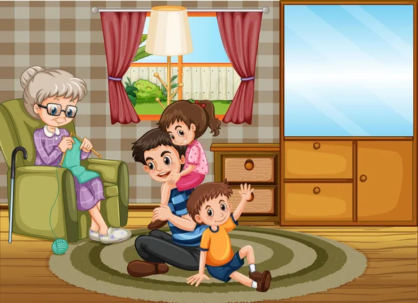 Scene with people staying at home with family illustration