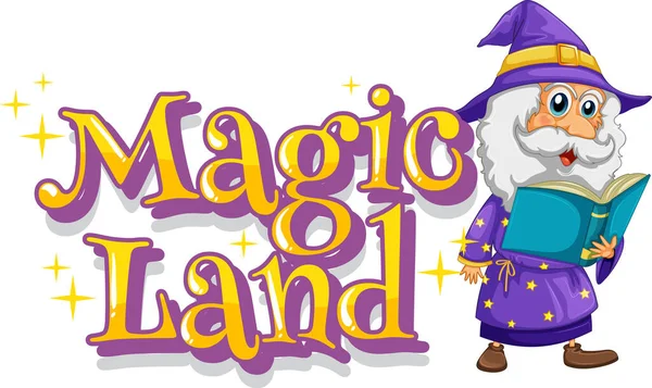 Font Design Word Magic Land Wizard Reading Book Illustration — Stock Vector