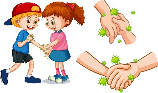 Coronavirus Thema Mit Menschen Die Hände Mit Keimen Berühren Illustration — Stockvektor