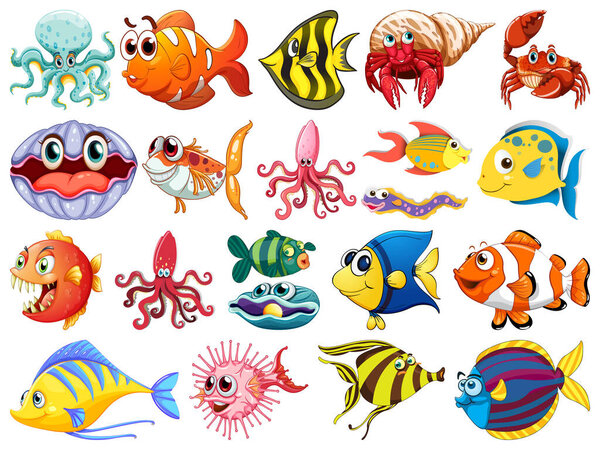 Large set of sea creatures on white background illustration