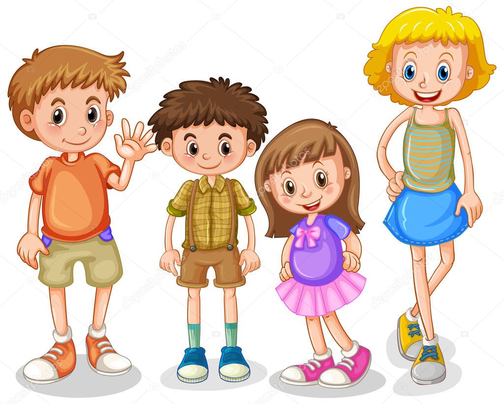 Four happy kids standing on white background illustration
