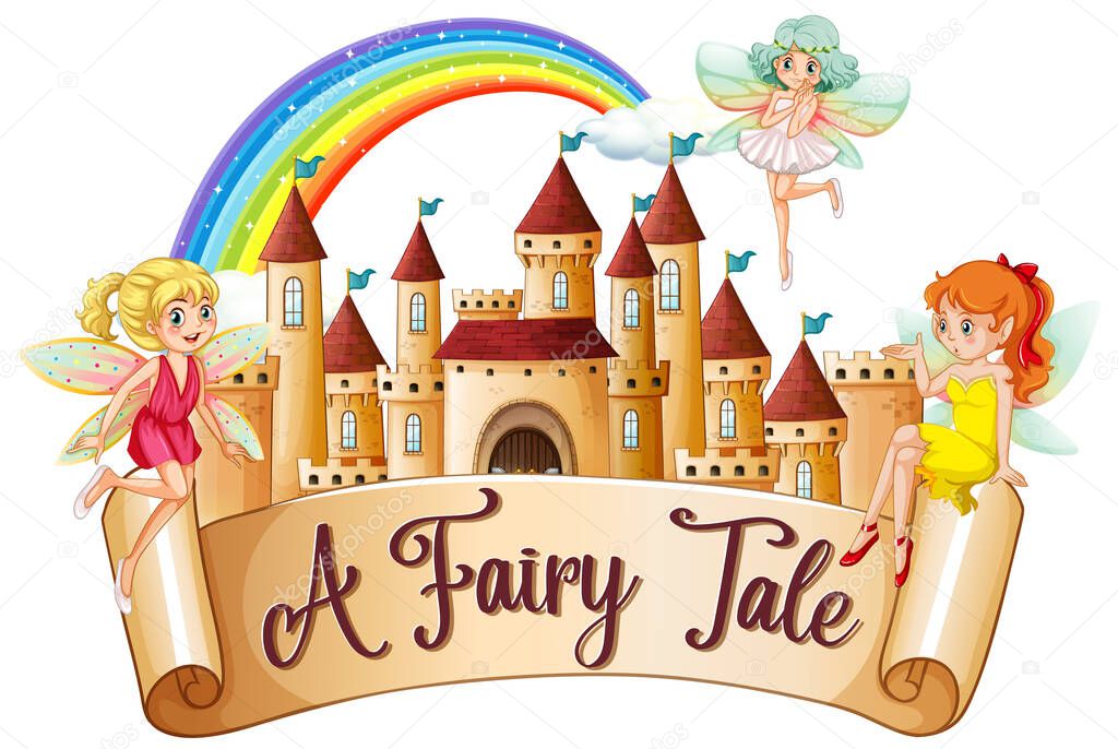 Font design for word a fairy tale with fairies flying around the castle illustration