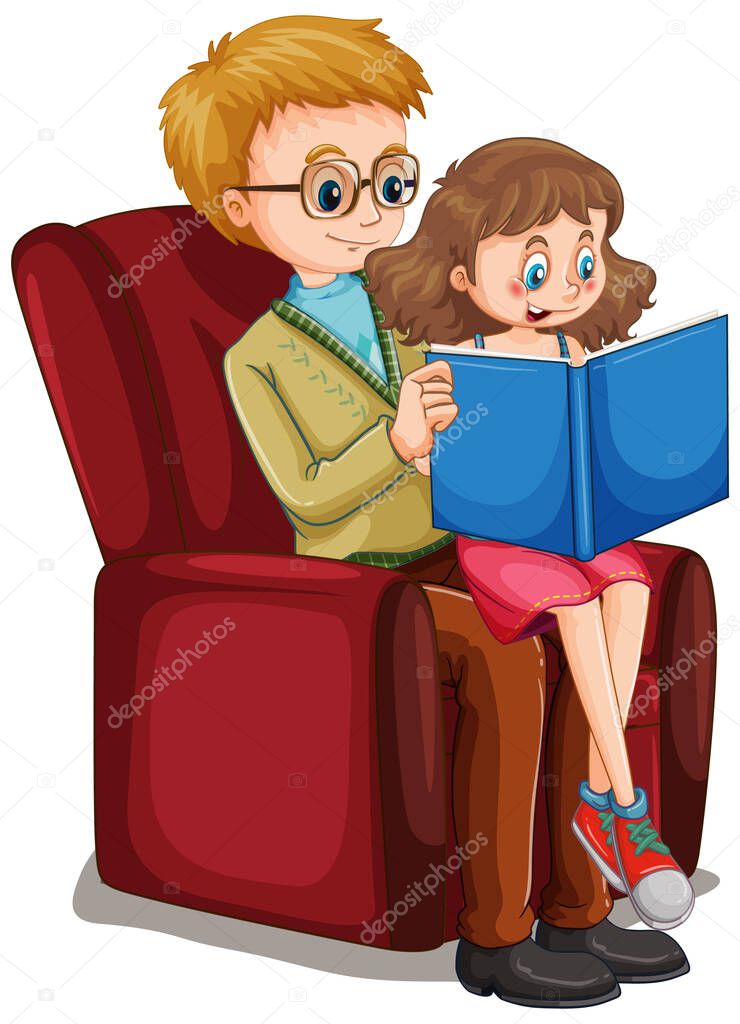 Father reading story to little girl on white background illustration