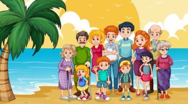 Büyük bir aile tatil illüstrasyonu yapıyor.