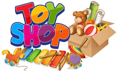 Arkaplanda birçok oyuncağı olan oyuncak mağazası için yazı tipi tasarımı