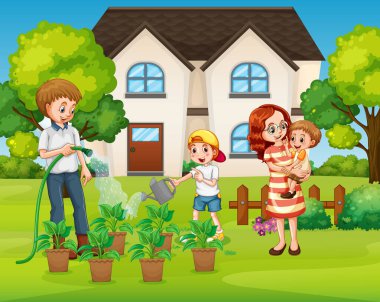 Bahçe resimlerinde aile üyesi çizgi film karakteri