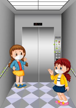 Mikrop resimleriyle dolu asansördeki kızlar.