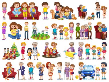 Bir dizi aile üyesi karakter çizimi