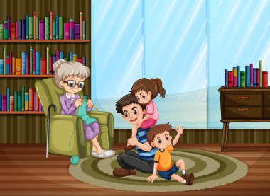 Ev illüstrasyonunda mutlu aile karantinası