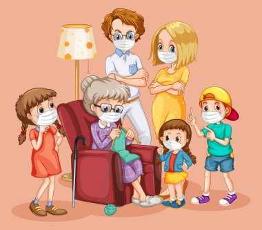 Aile üyesi çizgi film karakteri arkaplan resimlerinde maske takıyor