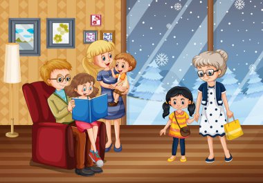 Kışın evde mutlu bir aile resmi var.